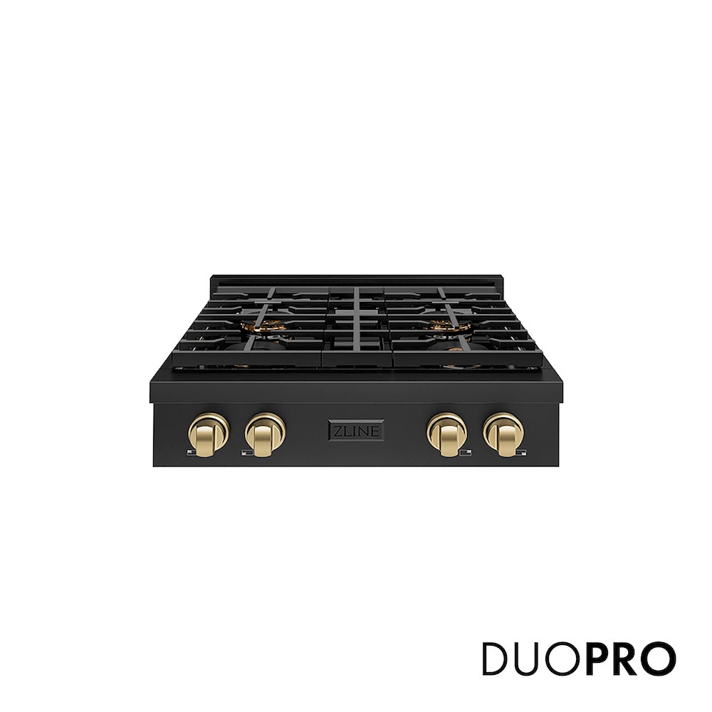 ZLINE Autograph Edition 30 in. Paramount Gas Rangetop with 4 Burner DuoPro™ Cooktop in Black Stainless Steel and Champagne Bronze Accents (PSRTBZ-30-CB) front, with DuoPro™ logo.