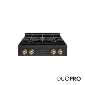 ZLINE Autograph Edition 30 in. Paramount Gas Rangetop with 4 Burner DuoPro™ Cooktop in Black Stainless Steel and Champagne Bronze Accents (PSRTBZ-30-CB) main image.