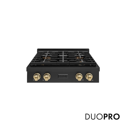 ZLINE Autograph Edition 30 in. Paramount Gas Rangetop with 4 Burner DuoPro™ Cooktop in Black Stainless Steel and Champagne Bronze Accents (PSRTBZ-30-CB) front, with DuoPro™ logo.
