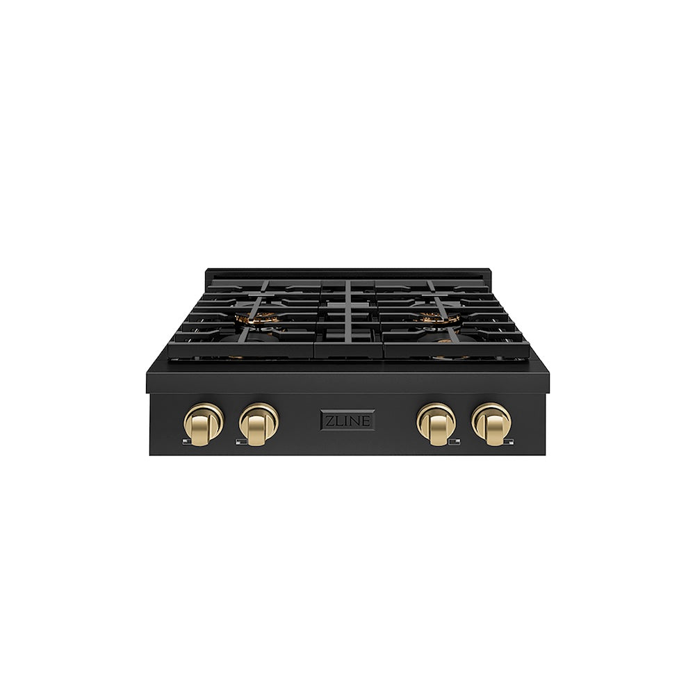 ZLINE Autograph Edition 30 in. Paramount Gas Rangetop with 4 Burner DuoPro™ Cooktop in Black Stainless Steel and Champagne Bronze Accents (PSRTBZ-30-CB) front.