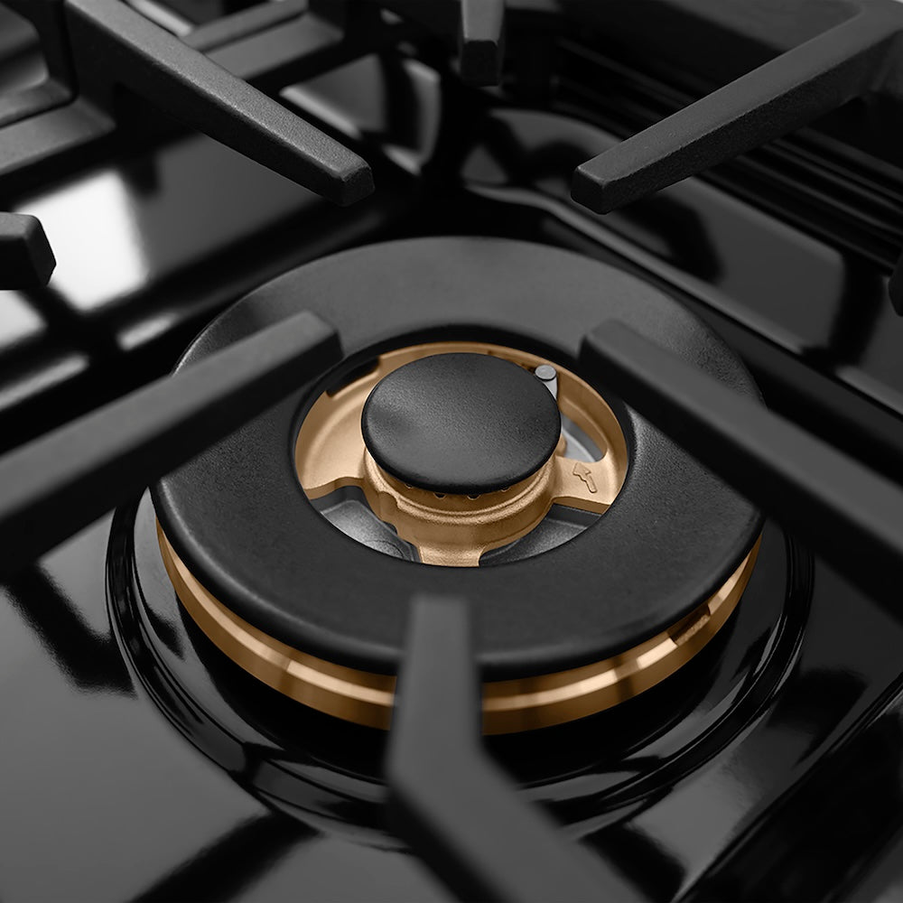 ZLINE Autograph Edition 30 in. Paramount Gas Rangetop with 4 Burner DuoPro™ Cooktop in Black Stainless Steel and Polished Gold Accents (PSRTBZ-30-G) large DuoPro™ brass burner.