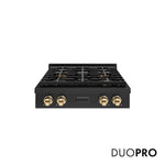 ZLINE Autograph Edition 30 in. Paramount Gas Rangetop with 4 Burner DuoPro™ Cooktop in Black Stainless Steel and Polished Gold Accents (PSRTBZ-30-G) front, with DuoPro™ logo.