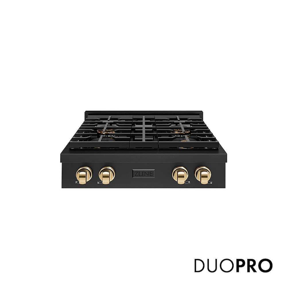 ZLINE Autograph Edition 30 in. Paramount Gas Rangetop with 4 Burner DuoPro™ Cooktop in Black Stainless Steel and Polished Gold Accents (PSRTBZ-30-G) front, with DuoPro™ logo.