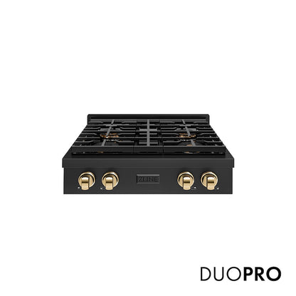 ZLINE Autograph Edition 30 in. Paramount Gas Rangetop with 4 Burner DuoPro™ Cooktop in Black Stainless Steel and Polished Gold Accents (PSRTBZ-30-G) front, with DuoPro™ logo.