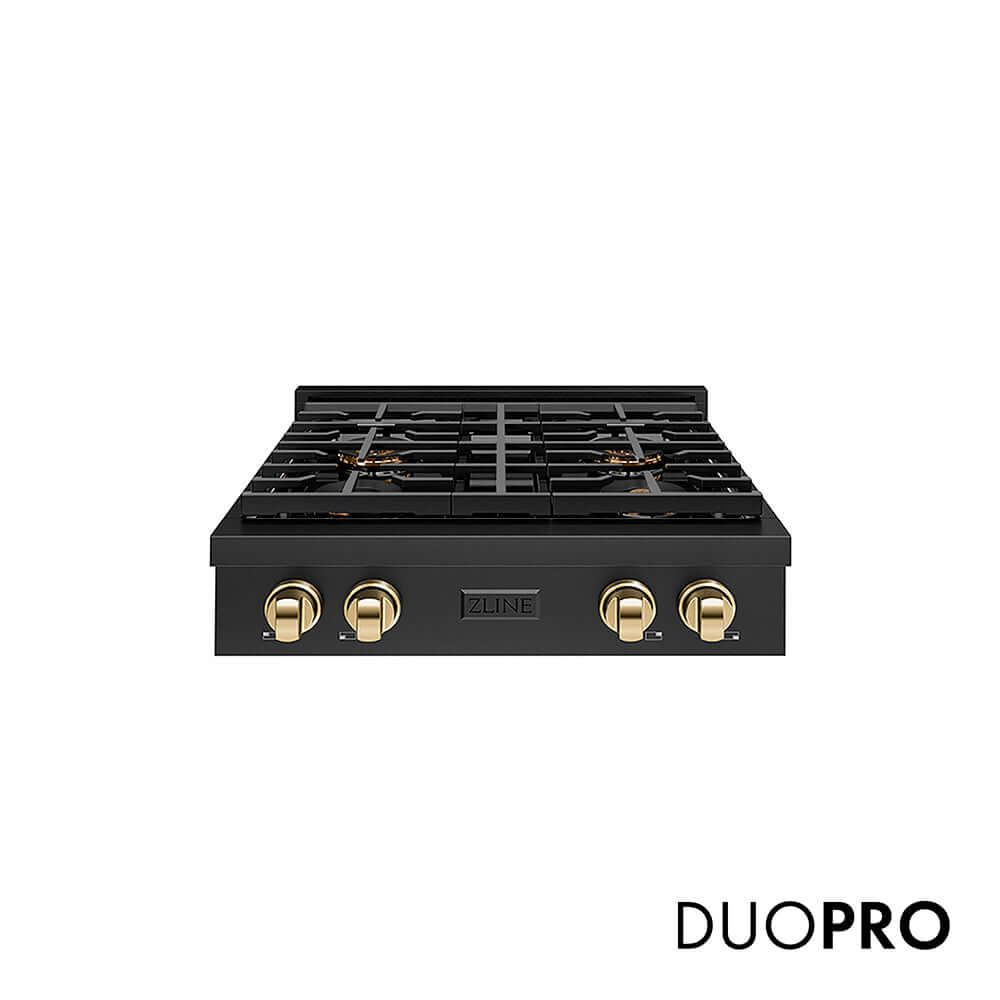 ZLINE Autograph Edition 30 in. Paramount Gas Rangetop with 4 Burner DuoPro™ Cooktop in Black Stainless Steel and Polished Gold Accents, Open Box-Good Condition