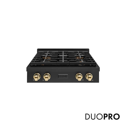 ZLINE Autograph Edition 30 in. Paramount Gas Rangetop with 4 Burner DuoPro™ Cooktop in Black Stainless Steel and Polished Gold Accents, Open Box-Good Condition