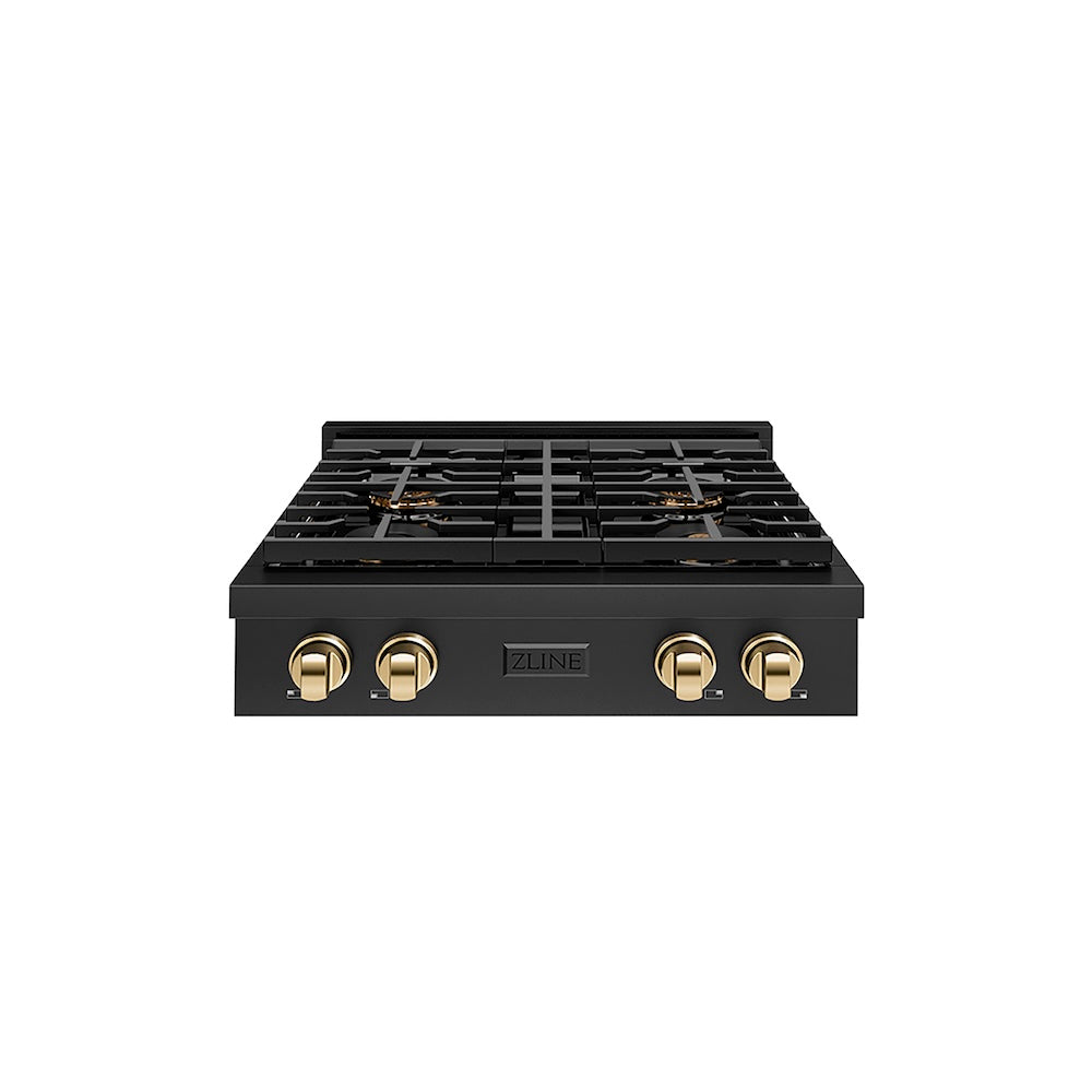 ZLINE Autograph Edition 30 in. Paramount Gas Rangetop with 4 Burner DuoPro™ Cooktop in Black Stainless Steel and Polished Gold Accents (PSRTBZ-30-G) front.