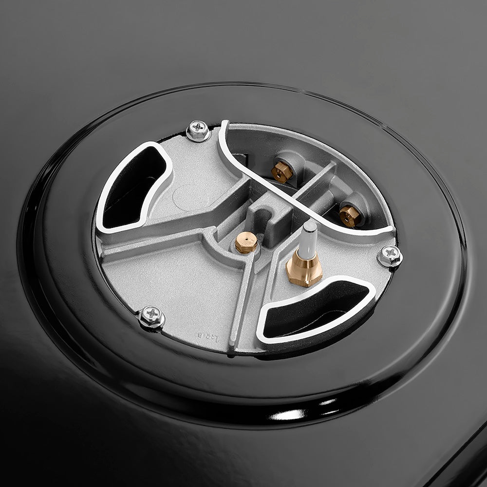 ZLINE Autograph Edition 30 in. Paramount Gas Rangetop with 4 Burner DuoPro™ Cooktop in Black Stainless Steel and Polished Gold Accents (PSRTBZ-30-G) under DuoPro™ brass burner close-up showing dual-port design.