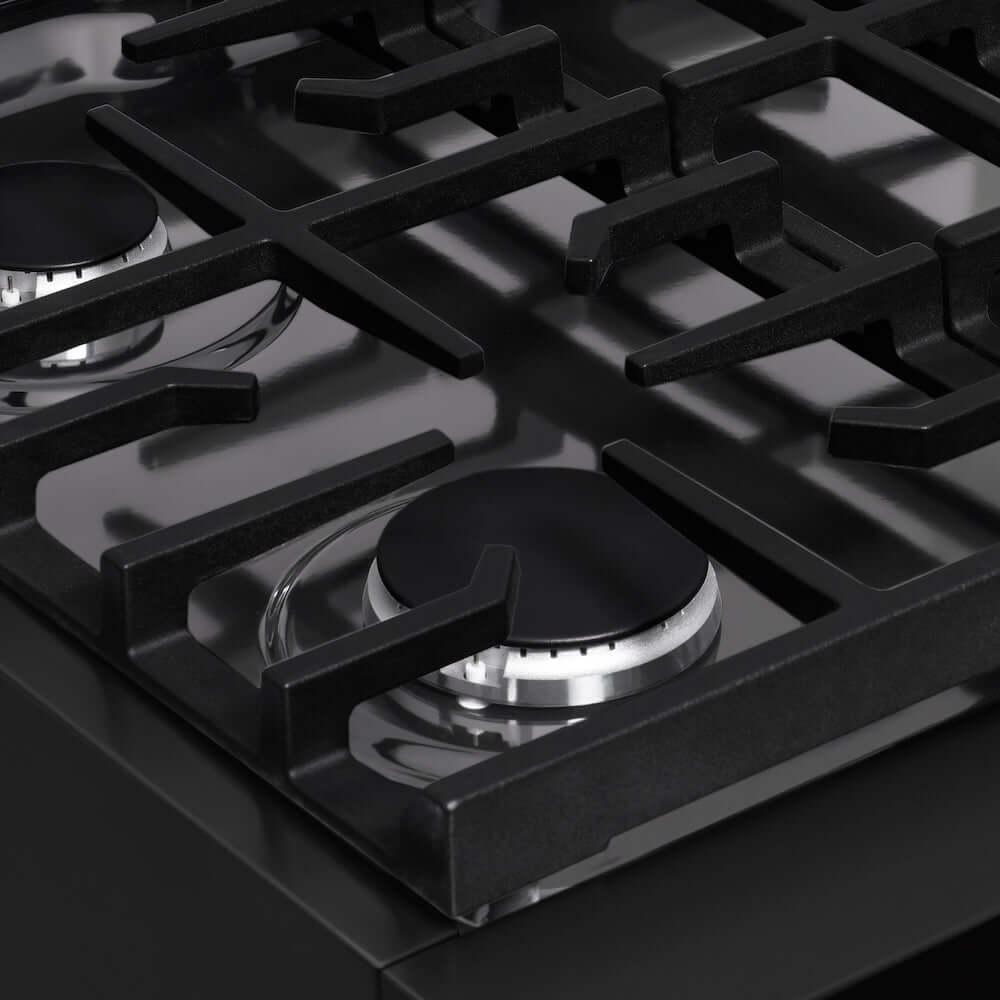 ZLINE 30 in. Paramount Gas Rangetop with 4 Burners and Porcelain Cooktop in Black Stainless Steel (SRTB-30) close-up detail, cast iron grates.