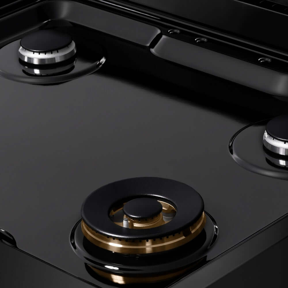 ZLINE 30 in. Paramount Gas Rangetop with 4 Burners and Porcelain Cooktop in Black Stainless Steel (SRTB-30) close-up detail, black porcelain cooktop without grates.