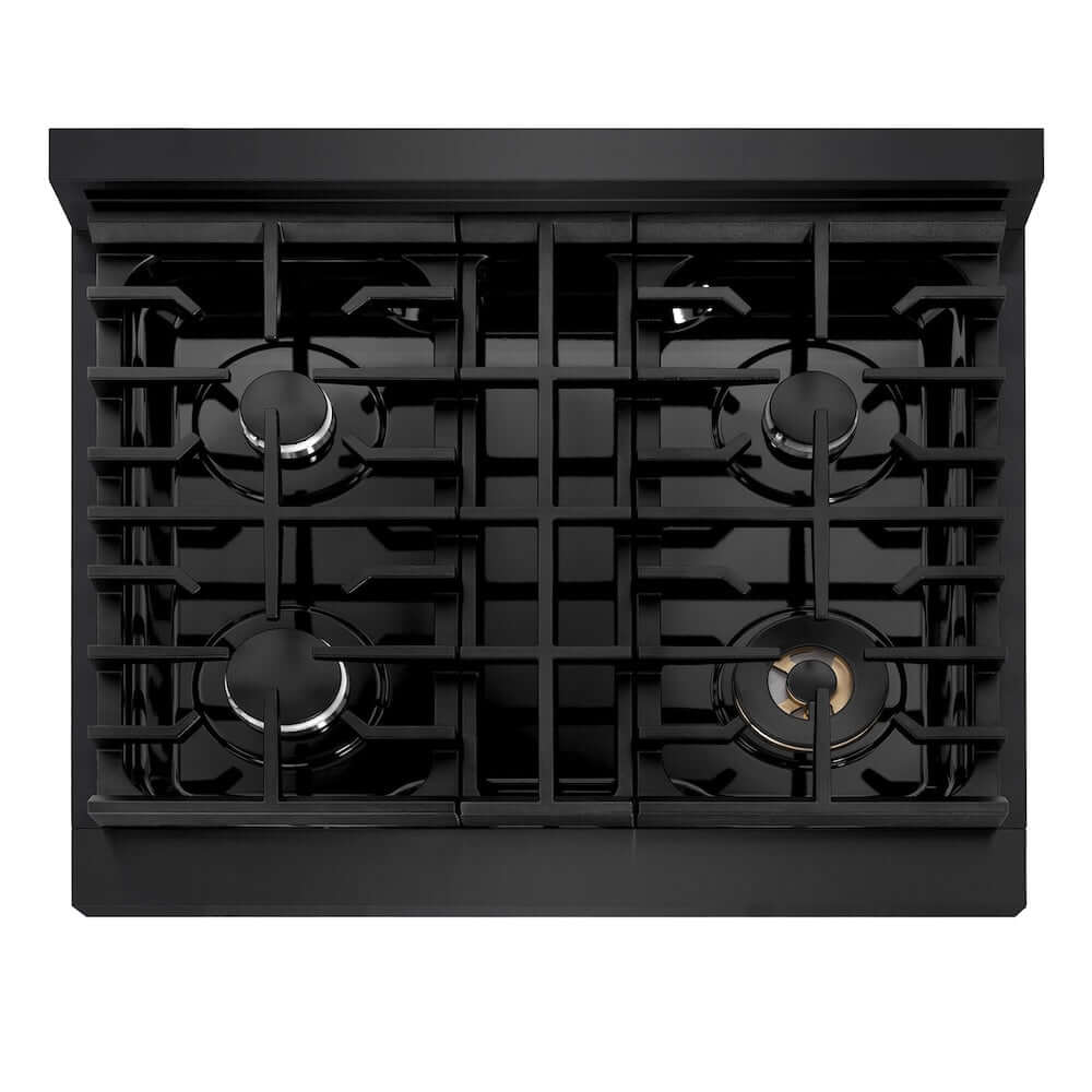 ZLINE 30 in. Paramount Gas Rangetop with 4 Burners and Porcelain Cooktop in Black Stainless Steel (SRTB-30) top-down, above cooktop.