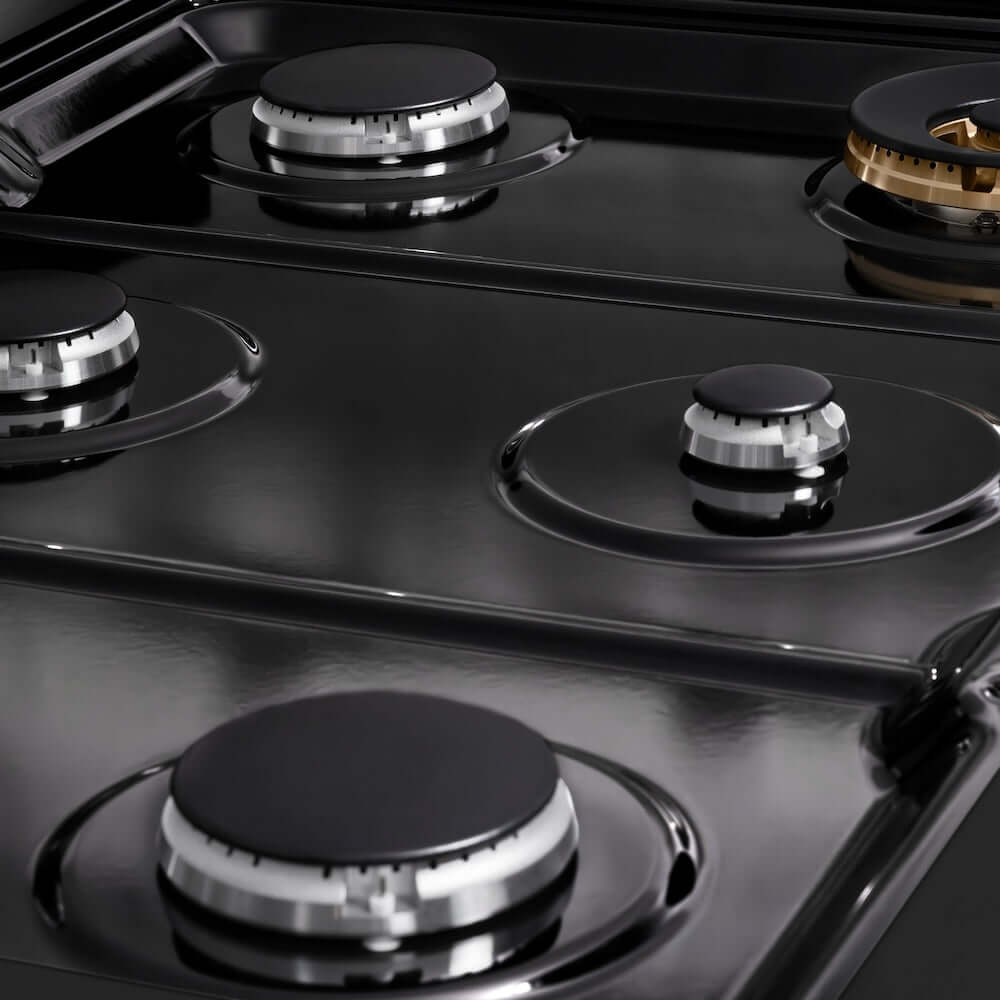 ZLINE 36 in. Paramount Gas Rangetop with 6 Burners and Porcelain Cooktop in Black Stainless Steel (SRTB-36) close-up detail, black porcelain cooktop without grates.