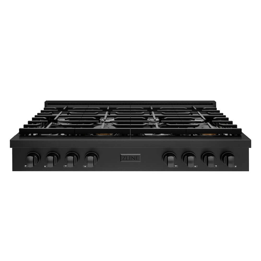 ZLINE 48 in. Paramount Gas Rangetop with 8 Burners and Porcelain Cooktop in Black Stainless Steel (SRTB-48) front.