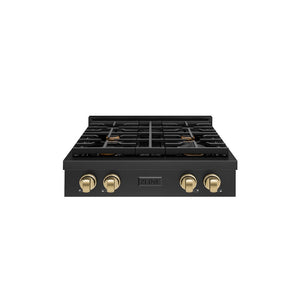 ZLINE Autograph Edition 30 in. Paramount Gas Rangetop with 4 Burners and Porcelain Cooktop in Black Stainless Steel with Champagne Bronze Accents, Open Box-Great Condition main image.