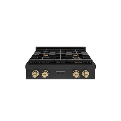 ZLINE Autograph Edition 30 in. Paramount Gas Rangetop with 4 Burners and Porcelain Cooktop in Black Stainless Steel with Champagne Bronze Accents, Open Box-Great Condition