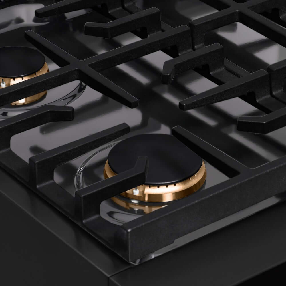 ZLINE 30 in. Autograph Edition Paramount Gas Rangetop with 4 Burners and Porcelain Cooktop in Black Stainless Steel with Champagne Bronze Accents (SRTBZ-30-CB) close-up detail, cast iron grates.
