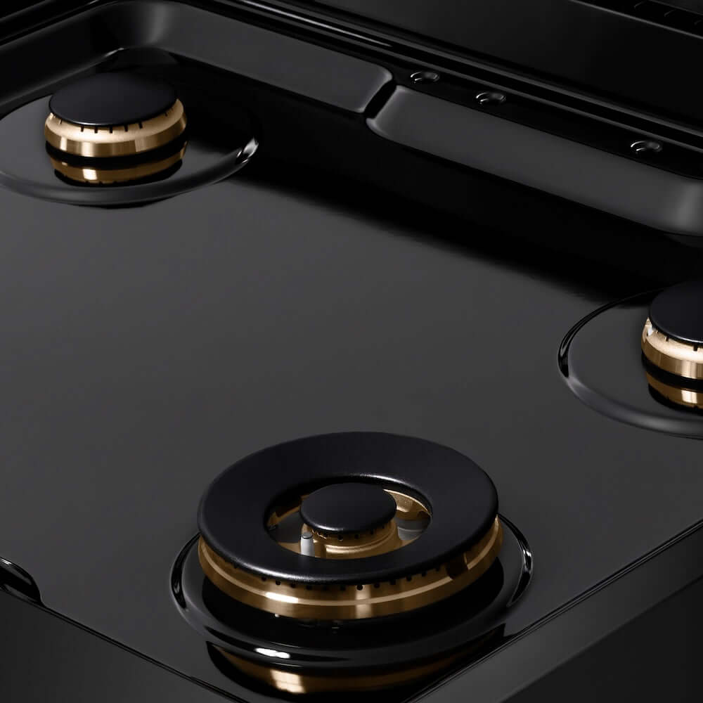 ZLINE 30 in. Autograph Edition Paramount Gas Rangetop with 4 Burners and Porcelain Cooktop in Black Stainless Steel with Champagne Bronze Accents (SRTBZ-30-CB) close-up detail, black porcelain cooktop without grates.
