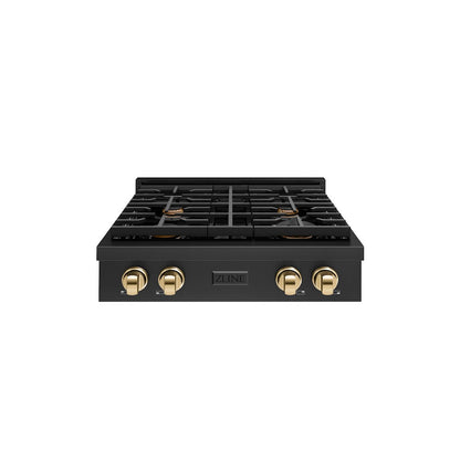 ZLINE Autograph Edition 30 in. Paramount Gas Rangetop with 4 Burners and Porcelain Cooktop in Black Stainless Steel with Polished Gold Accents, Open Box-Great Condition