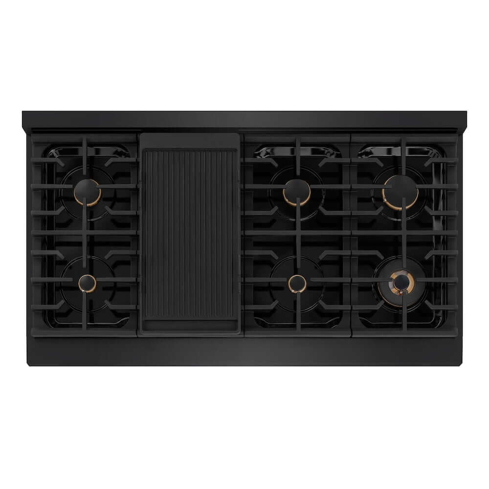 ZLINE 48 in. Autograph Edition Paramount Gas Rangetop with 8 Burners and Porcelain Cooktop in Black Stainless Steel with Champagne Bronze Accents (SRTBZ-48-CB) top-down, above cooktop.