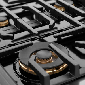 ZLINE 48 in. Autograph Edition Paramount Gas Rangetop with 8 Burners and Porcelain Cooktop in Black Stainless Steel with Polished Gold Accents (SRTBZ-48-G) close-up detail, burners.