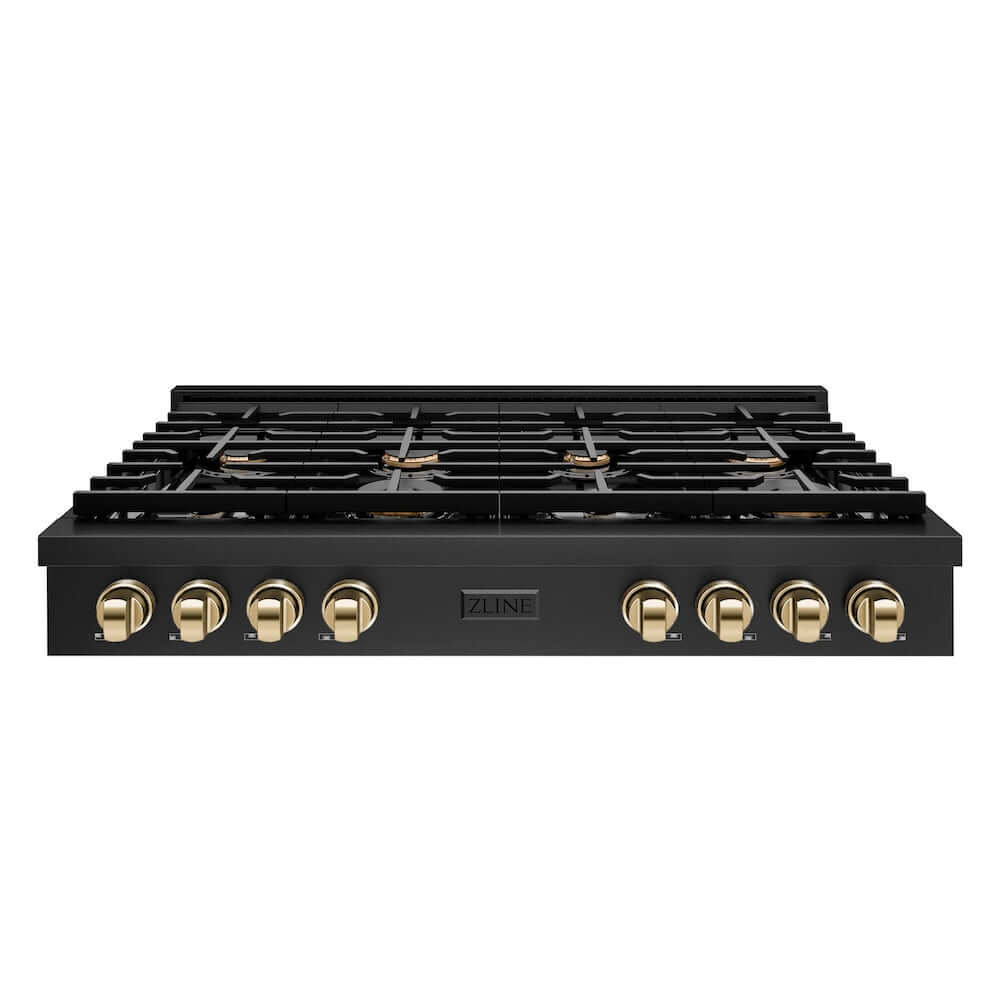 ZLINE 48 in. Autograph Edition Paramount Gas Rangetop with 8 Burners and Porcelain Cooktop in Black Stainless Steel with Polished Gold Accents (SRTBZ-48-G) front.