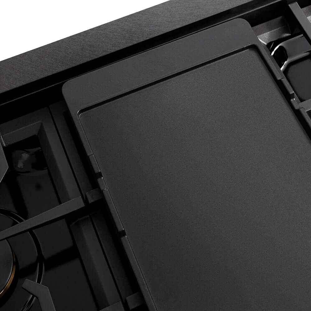 ZLINE 48 in. Paramount Gas Rangetop with 8 Brass Burners and Porcelain Cooktop in Black Satin Stainless Steel (SRTBS-BR-48) reversible griddle flat side.