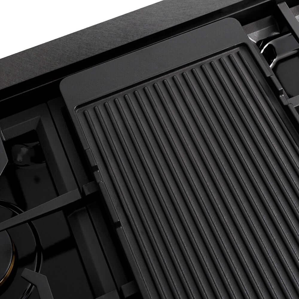 ZLINE Autograph Edition 48 in. Paramount Gas Rangetop with 8 Burners and Porcelain Cooktop in Black Satin Stainless Steel with Polished Gold Accents (SRTBSZ-48-G) reversible griddle ribbed side.