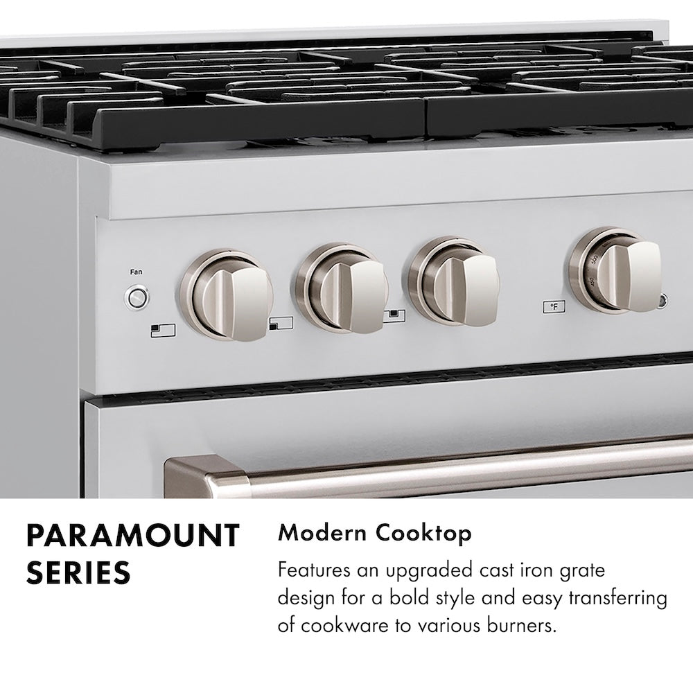Paramount Series Infographic. Modern Cooktop. Text: Features an upgraded cast iron grate design for a bold style and easy transferring of cookware to various burners.