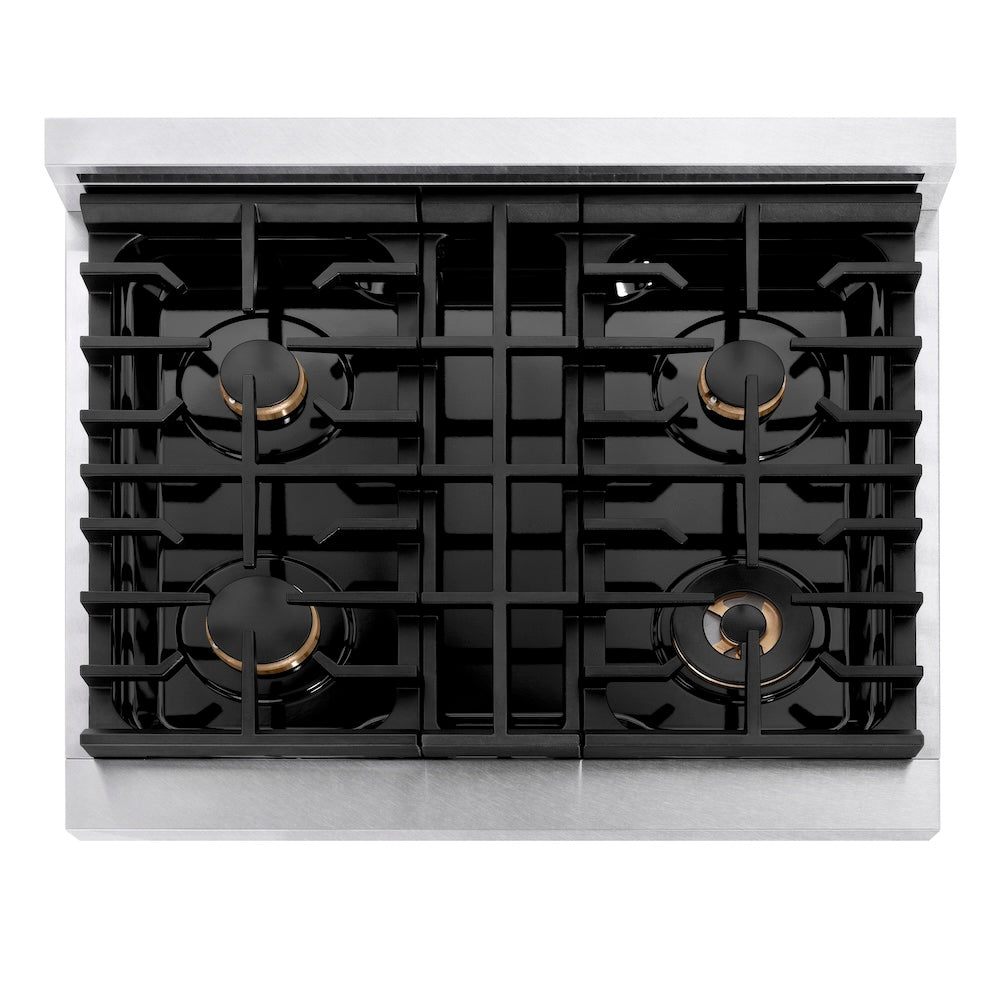 ZLINE 30 in. Paramount Gas Rangetop with 4 Brass Burners and Porcelain Cooktop in Satin Stainless Steel (SRTS-BR-30) top-down, above cooktop.