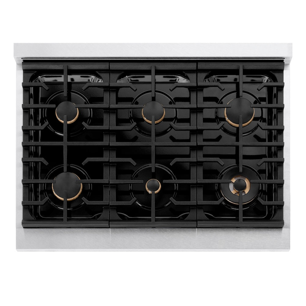 ZLINE 36 in. Paramount Gas Rangetop with 6 Brass Burners and Porcelain Cooktop in Satin Stainless Steel (SRTS-BR-36) top-down, above cooktop.