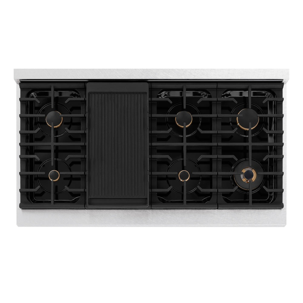 ZLINE 48 in. Paramount Gas Rangetop with 8 Brass Burners and Porcelain Cooktop in Satin Stainless Steel (SRTS-BR-48) top-down, above cooktop.