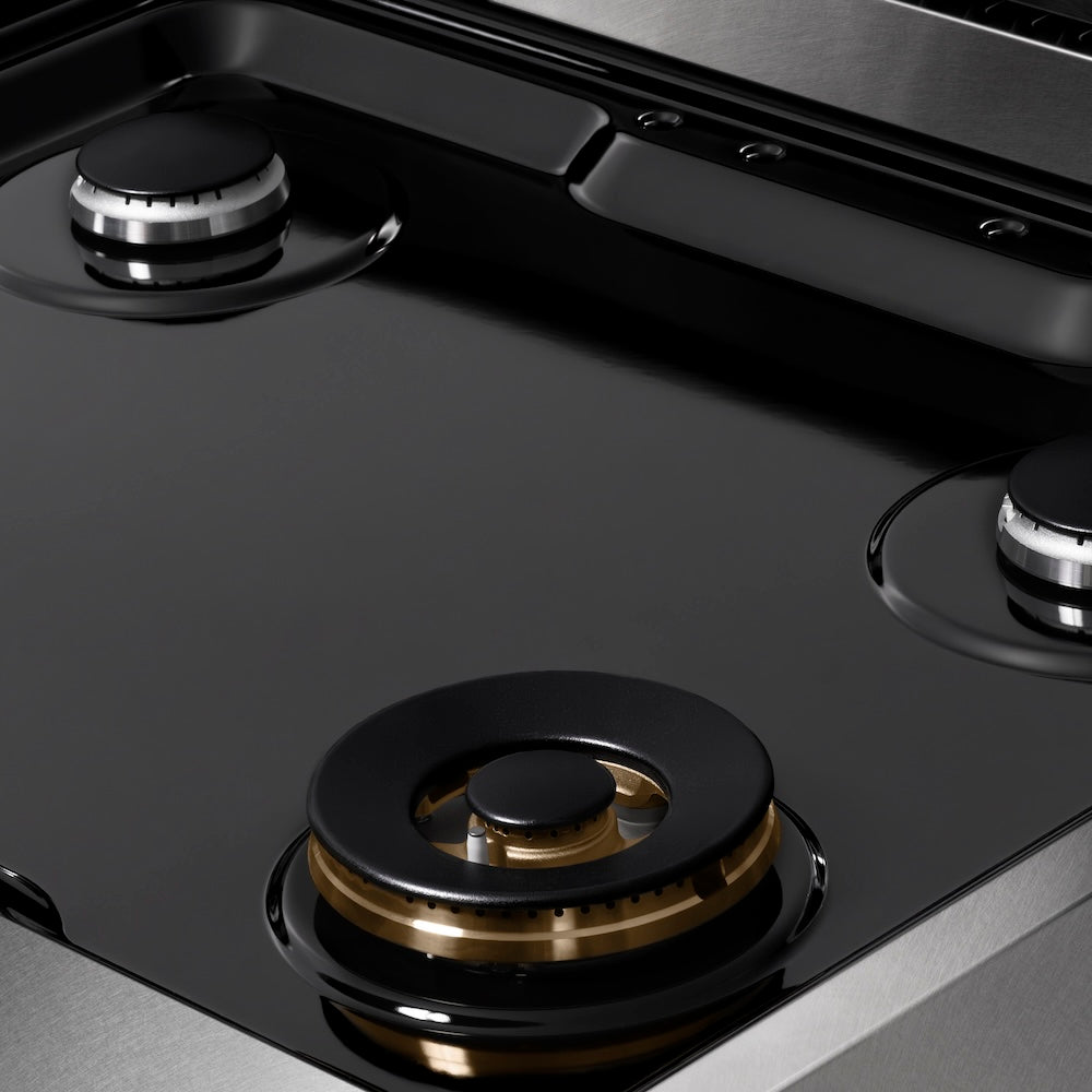ZLINE 30 in. Paramount Gas Rangetop with 4 Burners and Porcelain Cooktop in Satin Stainless Steel (SRTS-30) porcelain cooktop with no grates.