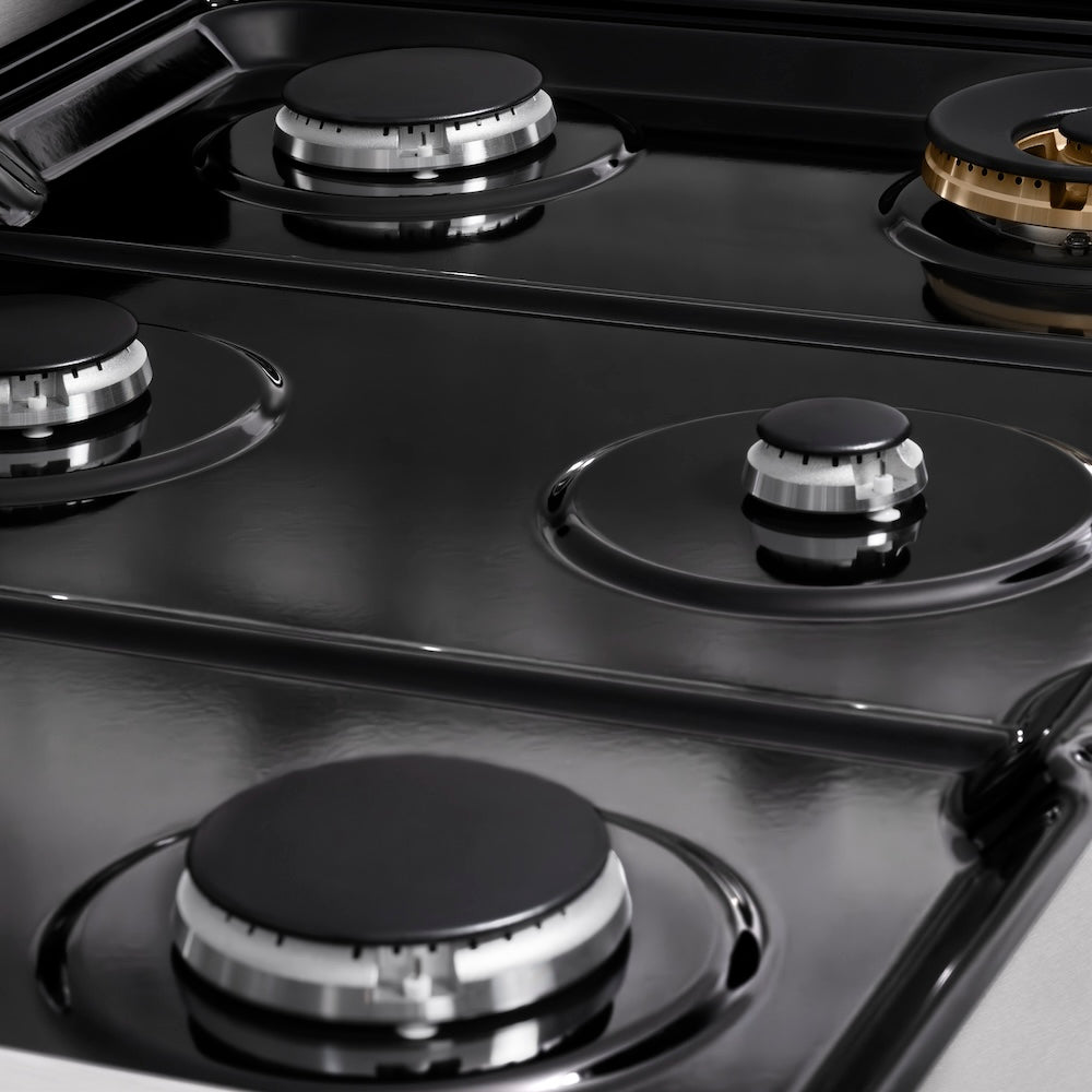 ZLINE 36 in. Paramount Gas Rangetop with 6 Burners and Porcelain Cooktop in Satin Stainless Steel (SRTS-36) porcelain cooktop with no grates.