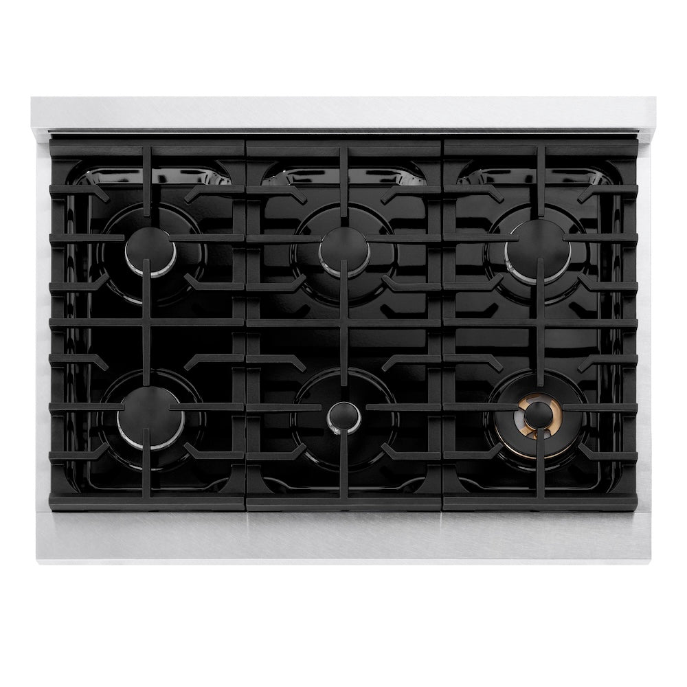 ZLINE 36 in. Paramount Gas Rangetop with 6 Burners and Porcelain Cooktop in Satin Stainless Steel (SRTS-36) top-down, above cooktop.