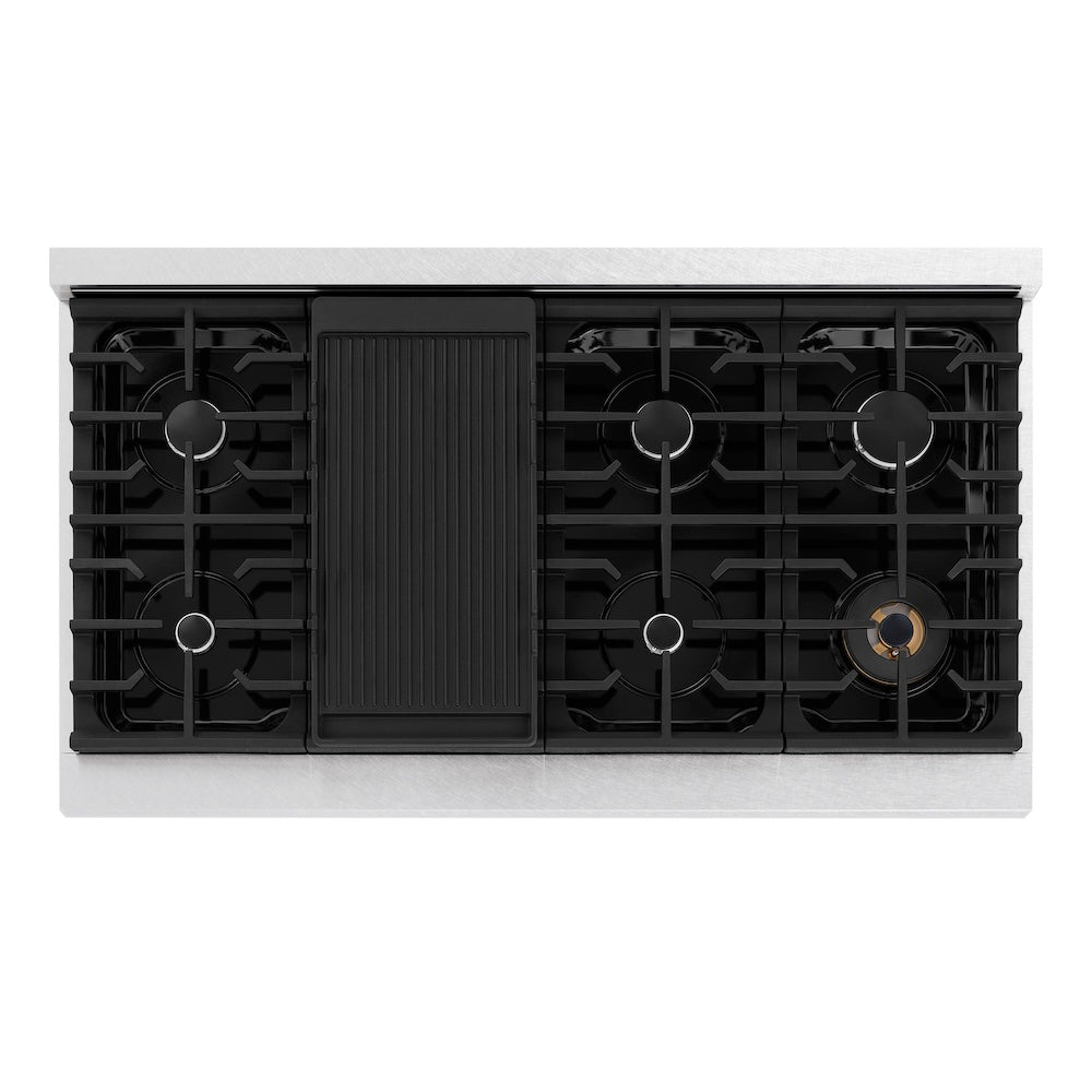 ZLINE 48 in. Paramount Gas Rangetop with 8 Burners and Porcelain Cooktop in Satin Stainless Steel (SRTS-48) top-down, above cooktop.