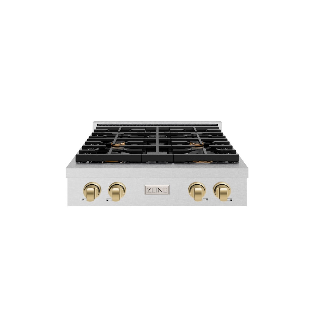 ZLINE Autograph Edition 30 in. Paramount Gas Rangetop with 4 Burners and Porcelain Cooktop in Satin Stainless Steel with Champagne Bronze Accents (SRTSZ-30-CB)