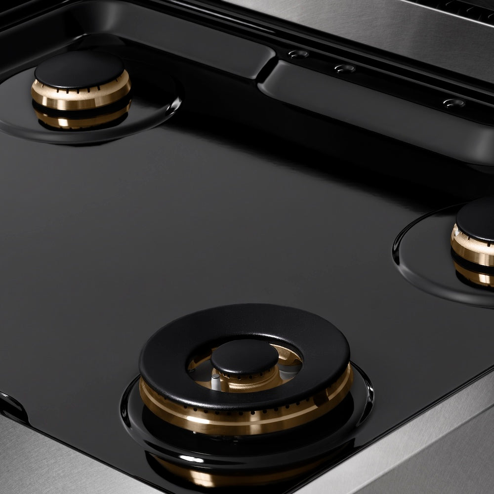 ZLINE Autograph Edition 30 in. Paramount Gas Rangetop with 4 Burners and Porcelain Cooktop in Satin Stainless Steel with Champagne Bronze Accents (SRTSZ-30-CB) porcelain cooktop with no grates.