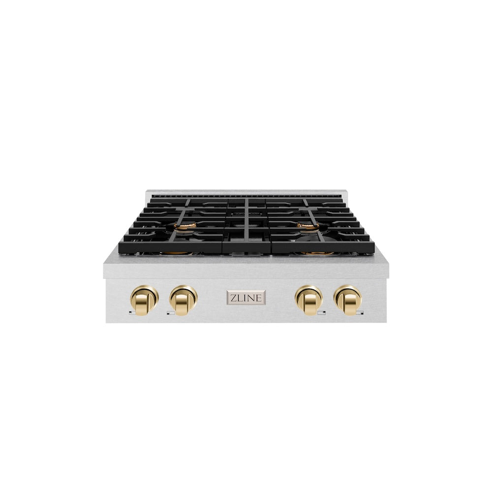 ZLINE Autograph Edition 30 in. Paramount Gas Rangetop with 4 Burners and Porcelain Cooktop in Satin Stainless Steel with Polished Gold Accents (SRTSZ-30-G)