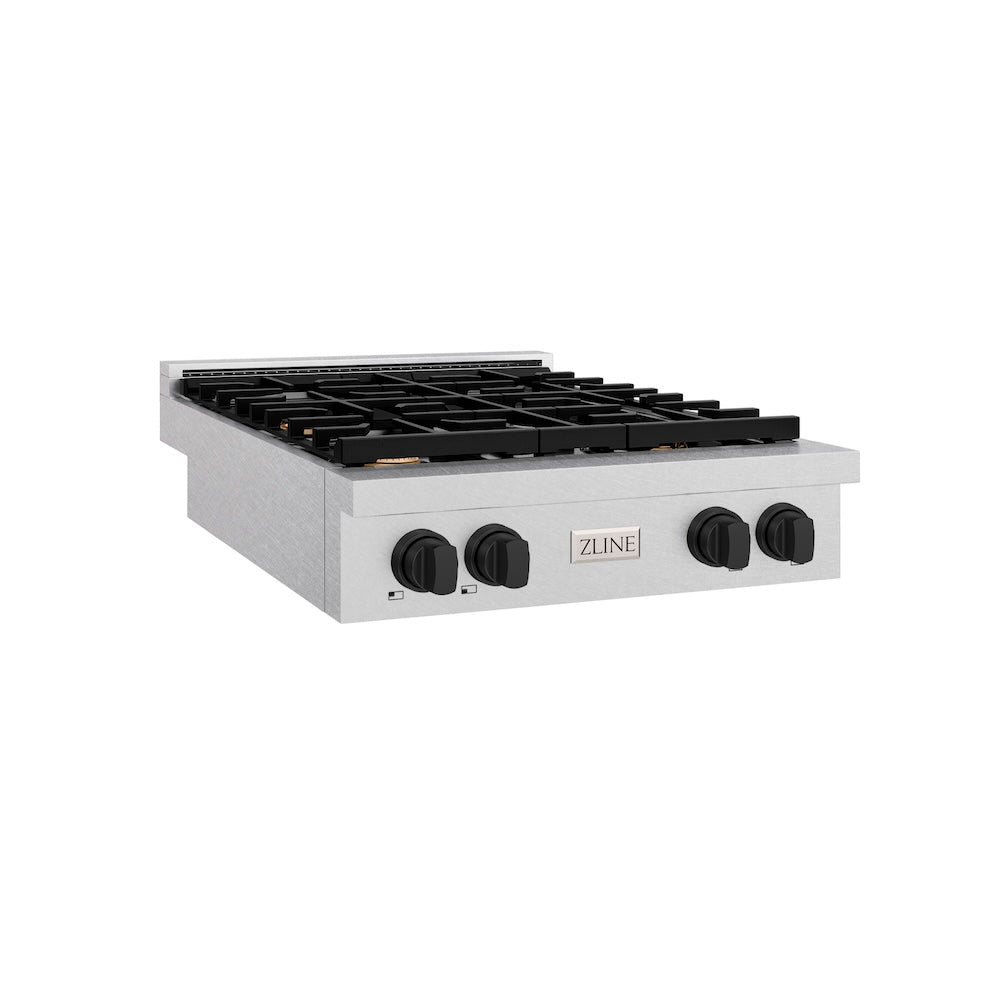 ZLINE Autograph Edition 30 in. Paramount Gas Rangetop with 4 Burners and Porcelain Cooktop in Satin Stainless Steel with Matte Black Accents (SRTSZ-30-MB) main image.