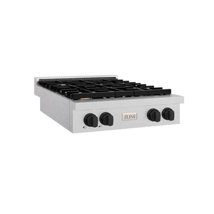 ZLINE Autograph Edition 30 in. Paramount Gas Rangetop with 4 Burners and Porcelain Cooktop in Satin Stainless Steel with Matte Black Accents (SRTSZ-30-MB) main image.