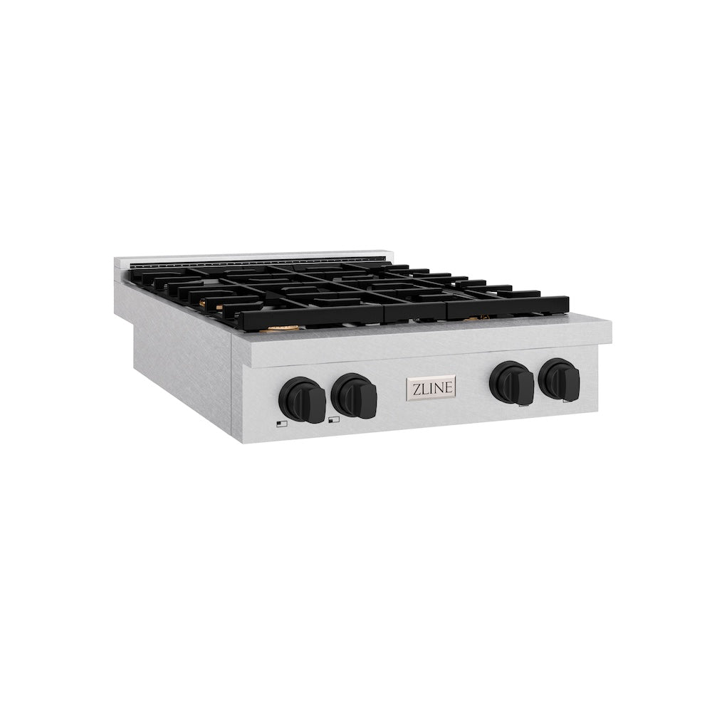 ZLINE Autograph Edition 30 in. Paramount Gas Rangetop with 4 Burners and Porcelain Cooktop in Satin Stainless Steel with Matte Black Accents, Open Box-Great Condition main image.