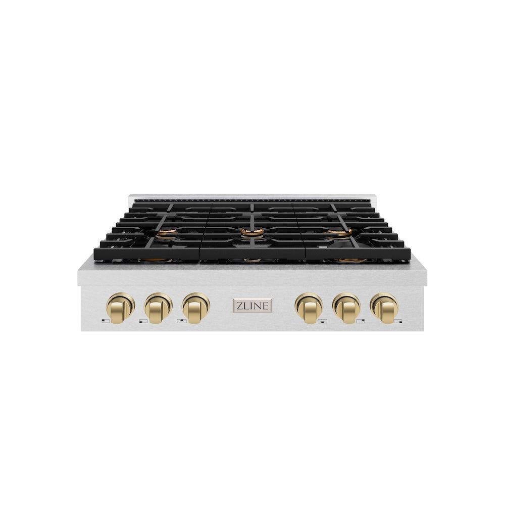 ZLINE Autograph Edition 36 in. Paramount Gas Rangetop with 6 Burners and Porcelain Cooktop in Satin Stainless Steel with Champagne Bronze Accents (SRTSZ-36-CB)