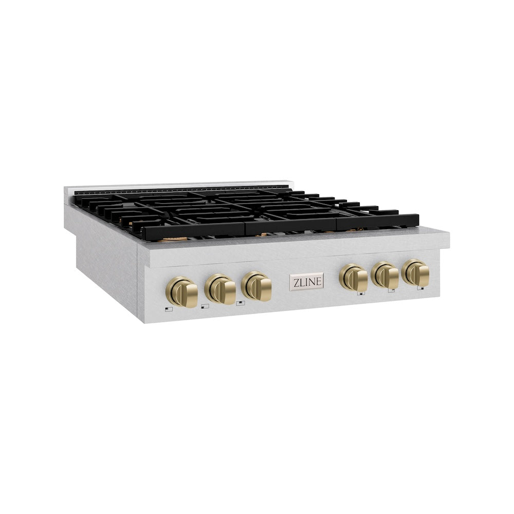 ZLINE Autograph Edition 36 in. Paramount Gas Rangetop with 6 Burners and Porcelain Cooktop in Satin Stainless Steel with Champagne Bronze Accents (SRTSZ-36-CB) main image.