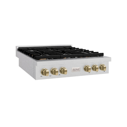 ZLINE Autograph Edition 36 in. Paramount Gas Rangetop with 6 Burners and Porcelain Cooktop in Satin Stainless Steel with Champagne Bronze Accents (SRTSZ-36-CB)