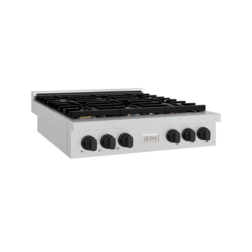 ZLINE Autograph Edition 36 in. Paramount Gas Rangetop with 6 Burners and Porcelain Cooktop in Satin Stainless Steel with Matte Black Accents (SRTSZ-36-MB) main image.