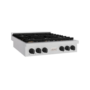 ZLINE Autograph Edition 36 in. Paramount Gas Rangetop with 6 Burners and Porcelain Cooktop in Satin Stainless Steel with Matte Black Accents (SRTSZ-36-MB) main image.