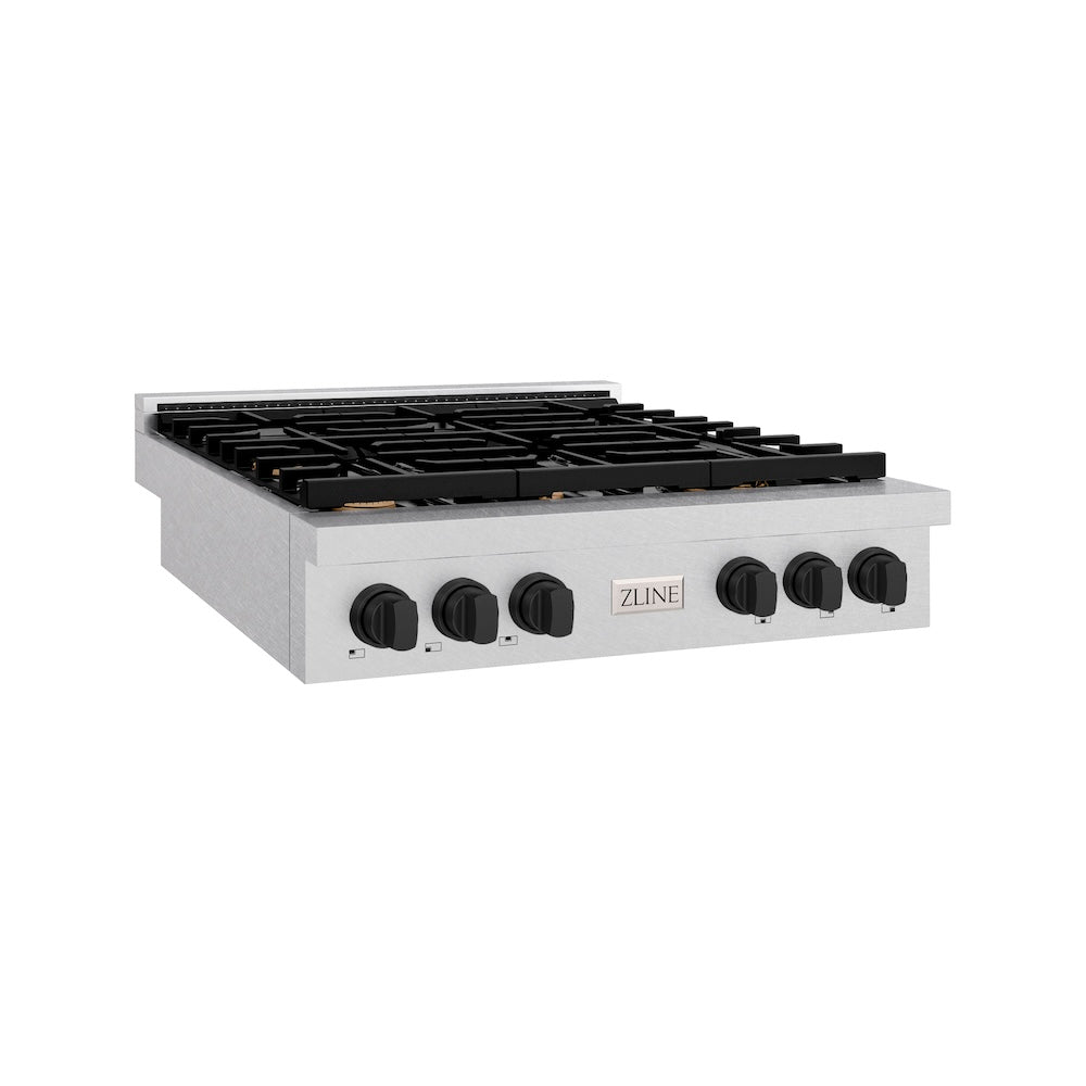 ZLINE Autograph Edition 36 in. Paramount Gas Rangetop with 6 Burners and Porcelain Cooktop in Satin Stainless Steel with Matte Black Accents, Open Box-Great Condition main image.