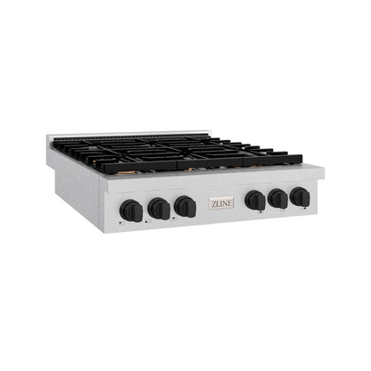 ZLINE Autograph Edition 36 in. Paramount Gas Rangetop with 6 Burners and Porcelain Cooktop in Satin Stainless Steel with Matte Black Accents, Open Box-Great Condition