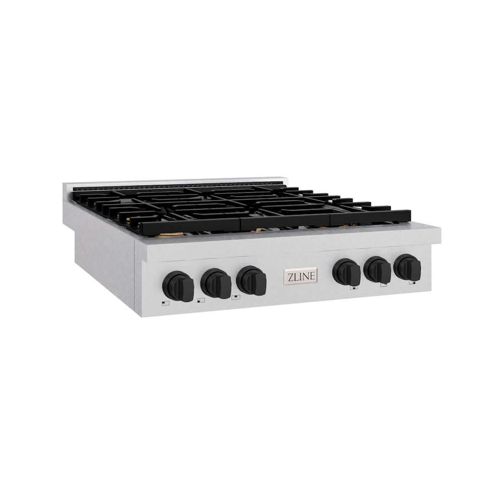 ZLINE Autograph Edition 36 in. Paramount Gas Rangetop with 6 Burners and Porcelain Cooktop in Satin Stainless Steel with Matte Black Accents, Open Box-Good Condition