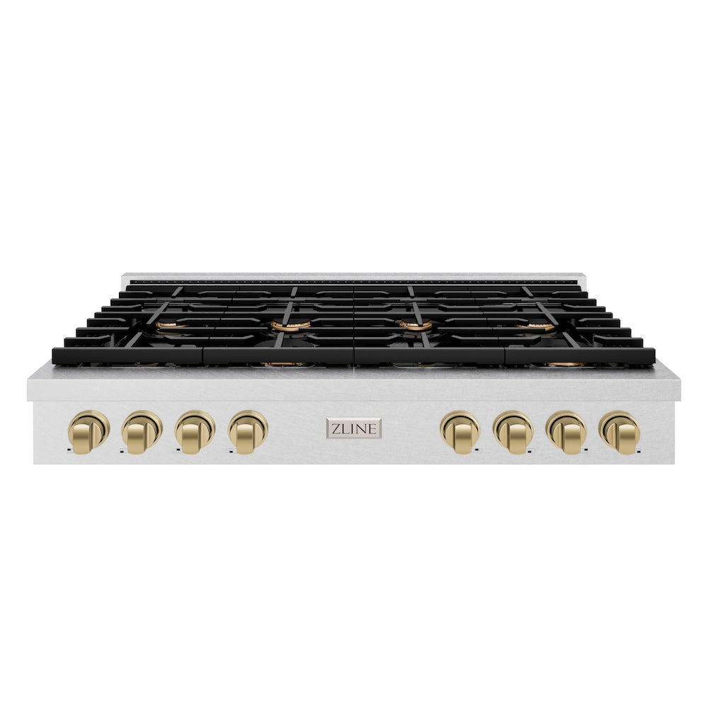 ZLINE Autograph Edition 48 in. Paramount Gas Rangetop with 8 Burners and Porcelain Cooktop in Satin Stainless Steel with Champagne Bronze Accents (SRTSZ-48-CB)